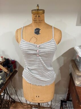 Striped Grey & White Spaghetti Strap Camisole with Pink Button Detail